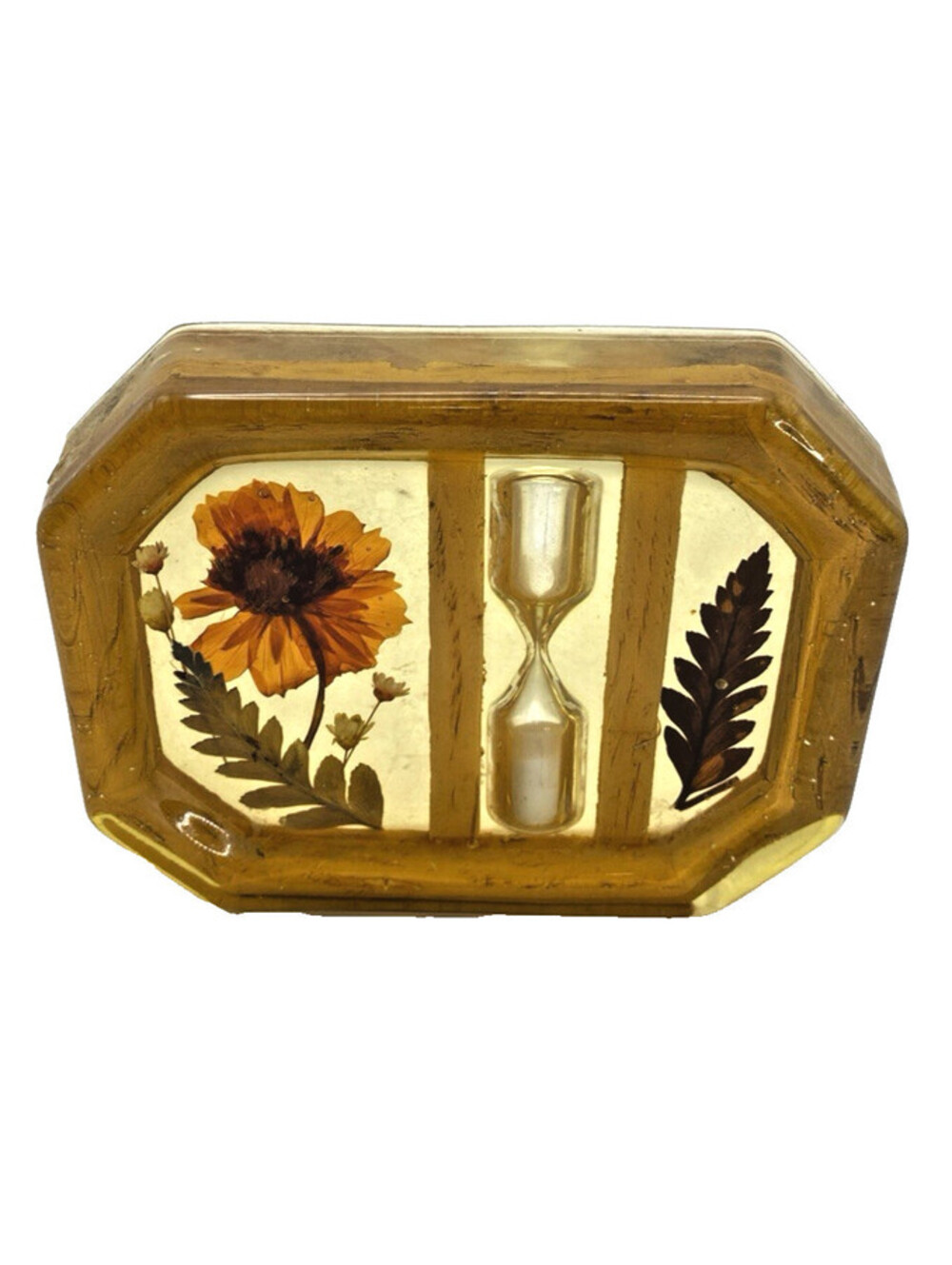 Vintage Lucite Resin Hourglass Paperweight Dried Flowers Amber Decor